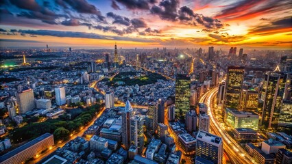 Obraz premium Tokyo Skyline Dusk Aerial Drone View from Skytower - Panoramic Cityscape