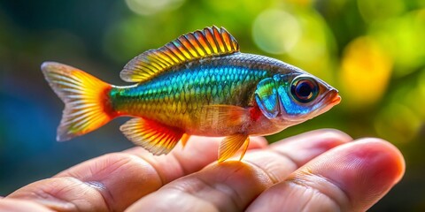 Naklejka premium Tiny Fish on Fingertip: Close-up Stock Photo of Small Aquatic Life
