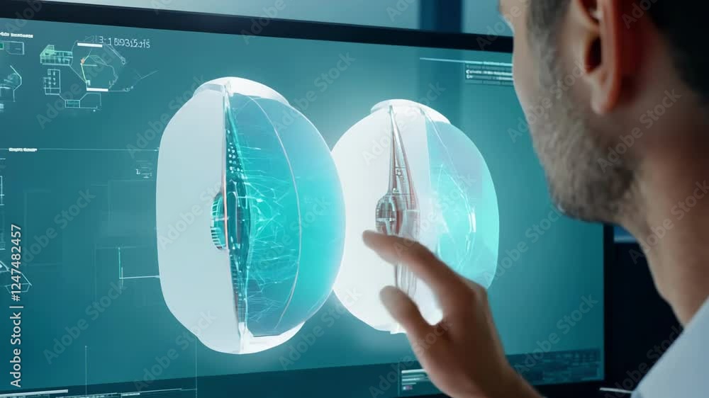 Poster caucasian man analyzing futuristic holographic interface. concept of technology interaction, digital