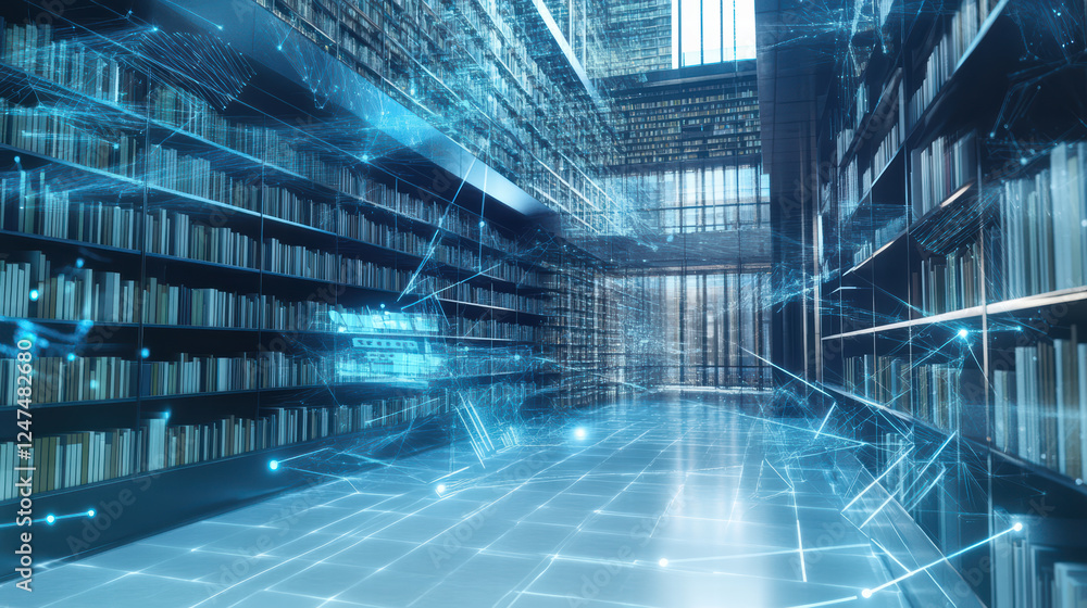 Poster futuristic library with iot devices enhancing user experience, featuring digital interfaces and illu