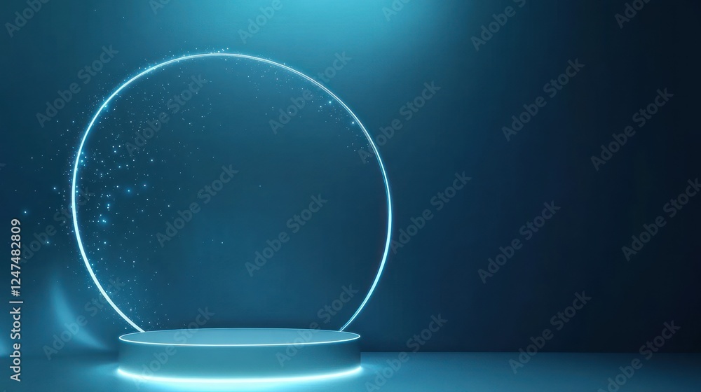 Poster abstract neon circle with platform in blue tones for product display