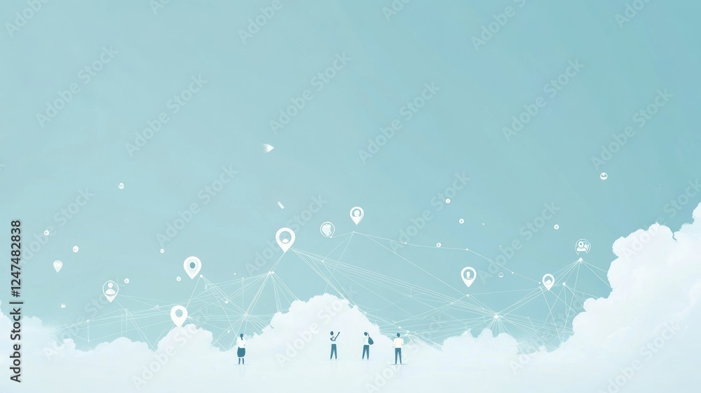 Poster abstract cloud network with people and location pins connecting globally