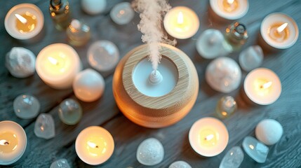 Aromatic diffuser with candles and stones. Relaxing spa scene