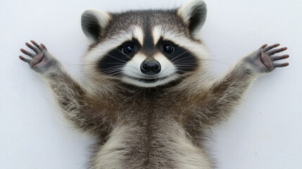 Obraz premium Adorable raccoon with raised paws looking at camera on white background showcasing playful expression and fluffy fur