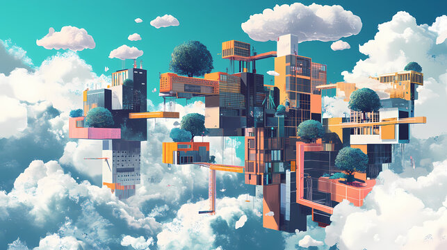 Visual representation of multi-cloud environments showcasing the interconnectedness of various cloud services and platforms. Hybrid Environments. Illustration