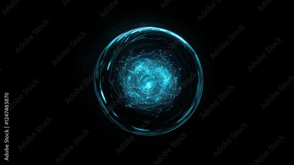 Poster abstract glowing sphere with interconnected network on black background