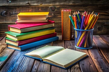 Obraz premium Urban Exploration: Colorful Books, Notepad, and Pencils on Rustic Table - Stock Photo