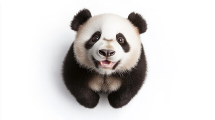 Naklejka premium Adorable wide-eyed baby panda looking up with playful expression against clean white background