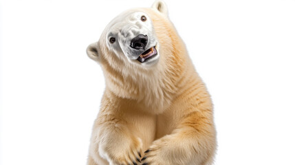 Fototapeta premium Playful polar bear posing against white background with curious expression and fluffy fur highlighting arctic wildlife charm