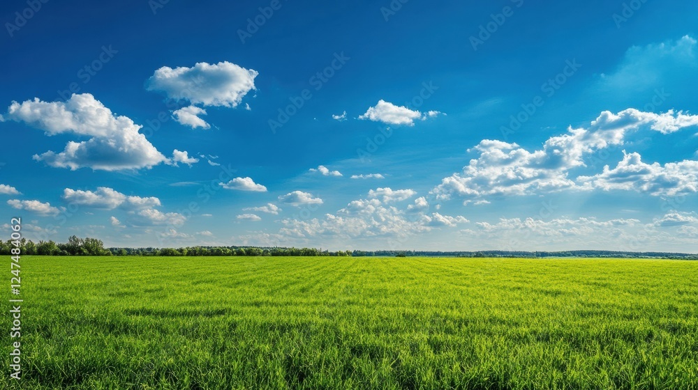 Poster vast green field under a bright blue sky with fluffy clouds during a sunny day in the countryside. g