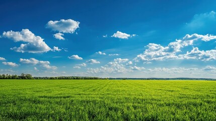 Vast green field under a bright blue sky with fluffy clouds during a sunny day in the countryside. Generative AI