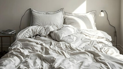 Sunlit bedroom, unmade bed, morning light, minimalist interior, calm atmosphere, peaceful scene, for interior design blogs or websites