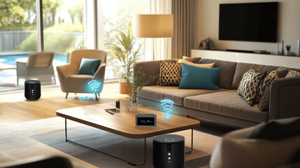 Fototapeta premium modern living room featuring smart coffee table with charging capabilities, stylish furniture, and bright atmosphere. space is designed for comfort and technology integration