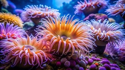 Fototapeta premium Vibrant Anemones in Aquarium: Underwater Macro Photography