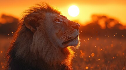 Naklejka premium Majestic Lion in African Savannah at Sunset with Golden Sunlight