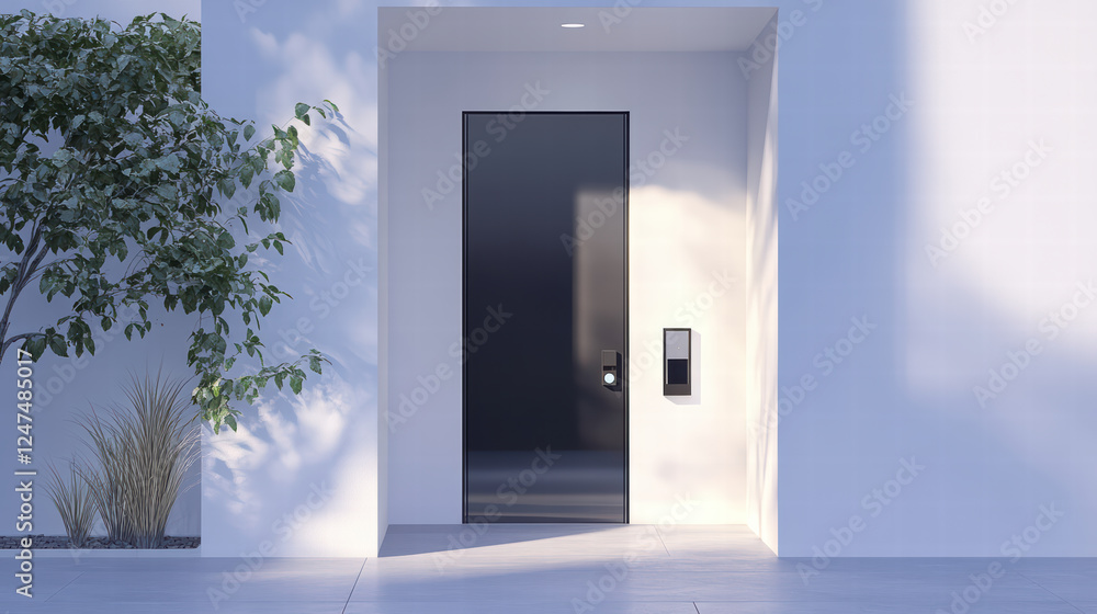 Poster modern entryway featuring sleek black door with smart lock technology, surrounded by minimalistic la