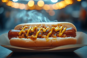 Hotdog with mustard and toppings on a plate