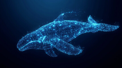 Naklejka premium A digital wireframe illustration of a whale composed of blue glowing lines and dots.