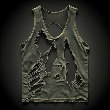 Ripped olive green tank top on dark background;  studio shot for fashion or grunge design