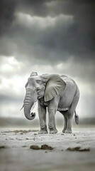 Gray elephant in a dramatic landscape, suitable for nature wallpaper or wildlife calendar