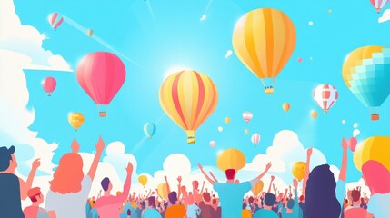 People watch colorful hot air balloons floating in sky