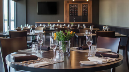 Fototapeta premium modern dining area featuring elegant table settings, glassware, and floral arrangements, creating welcoming atmosphere for guests