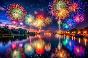 Vibrant Fireworks Display Over Calm River at Night - Stunning Night Photography