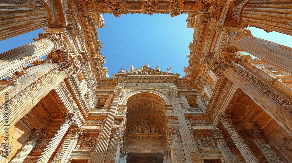 Poster a grand ancient structure with ornate columns and a clear blue sky.