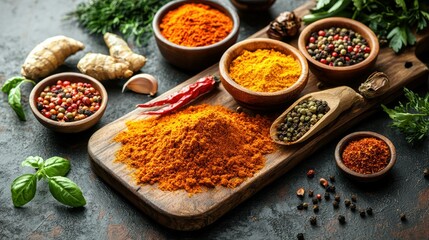 Aromatic spices and herbs on rustic board. Food photography for recipe blogs