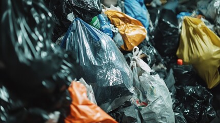 Large collection of colorful plastic bags piled up, showcasing environmental concerns and waste management challenges. Highlights the need for recycling and sustainable practices