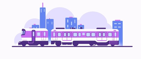 a purple and white train moving in front of a cityscape of buildings