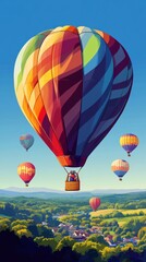 Fototapeta premium Colorful hot air balloons float serenely above a lush landscape