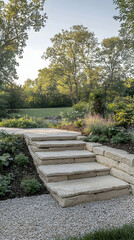 Stone steps leading to garden, trees and lawn in background.  Perfect for landscaping or home design websites