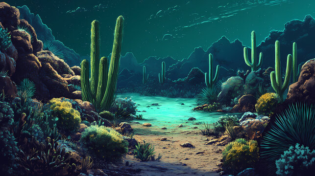 Creative portrayal of plant adaptations featuring desert cacti aquatic plants thriving in extreme environments. Hybrid Environments. Illustration
