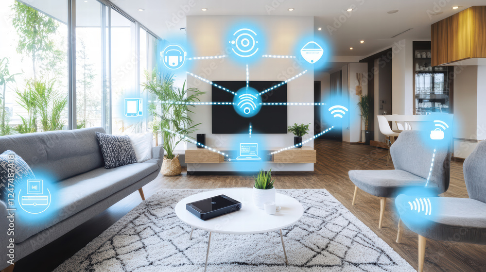 Poster modern living room with smart entertainment systems and connected devices, showcasing stylish and fu