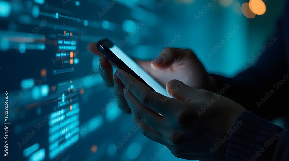 Poster person using smartphone with futuristic digital interface. mobile technology, data visualization, cy