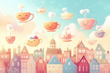 Fototapeta premium Cartoon teacups floating over colorful buildings in a whimsical scene