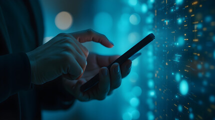 Man Using Smartphone with Digital Data Overlay | Mobile Technology, Data Visualization, Connectivity, Futuristic, Blue Tones, Modern Lifestyle