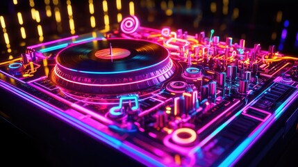 A vibrant DJ turntable with neon lights, showcasing a lively music atmosphere.
