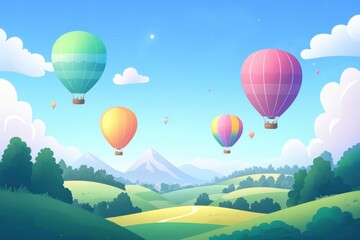 Fototapeta premium Colorful hot air balloons float over rolling green hills