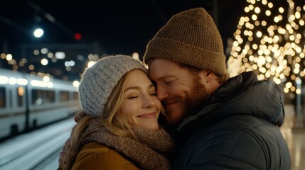 Heartfelt Reunion: Long-Distance Couple Embracing with Warm Hugs at Train Station