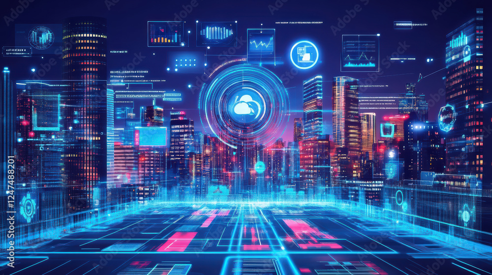 Aufkleber futuristic smart city control center with digital screens displaying data analytics, graphs, and cit