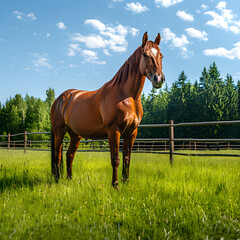 Majestic Brown Horse in a Lush Green Pasture Under Clear Blue Sky Near Wooden Fence