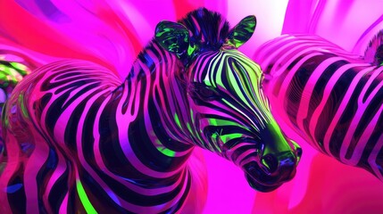 A vibrant, abstract representation of zebras in neon colors against a colorful background.