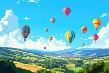 Obraz premium Colorful hot air balloons float above a scenic landscape