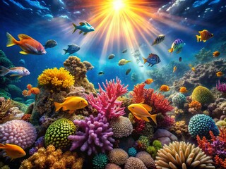 Vibrant Underwater Reef Scene with Sunbeams and Colorful Fish