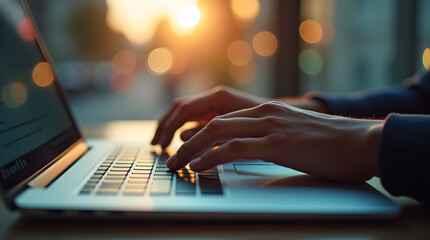 Close-Up of Hands Typing on Laptop Keyboard: Business Professional Working on Computer, Focus on Fingers, Office Setting with Bokeh Lights, Evening Glow