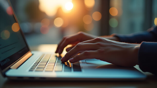 Close-Up of Hands Typing on Laptop Keyboard: Business Professional Working on Computer, Focus on Fingers, Office Setting with Bokeh Lights, Evening Glow - Powered by Adobe