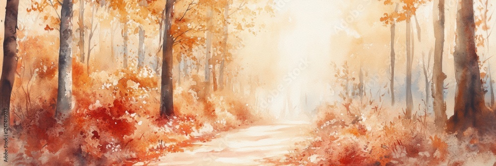 Leinwandbilder Autumn forest path illuminated by soft sunlight creating a serene and peaceful atmosphere. Generative AI