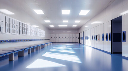 Bright locker room with blue flooring and white lockers under ceiling lights

